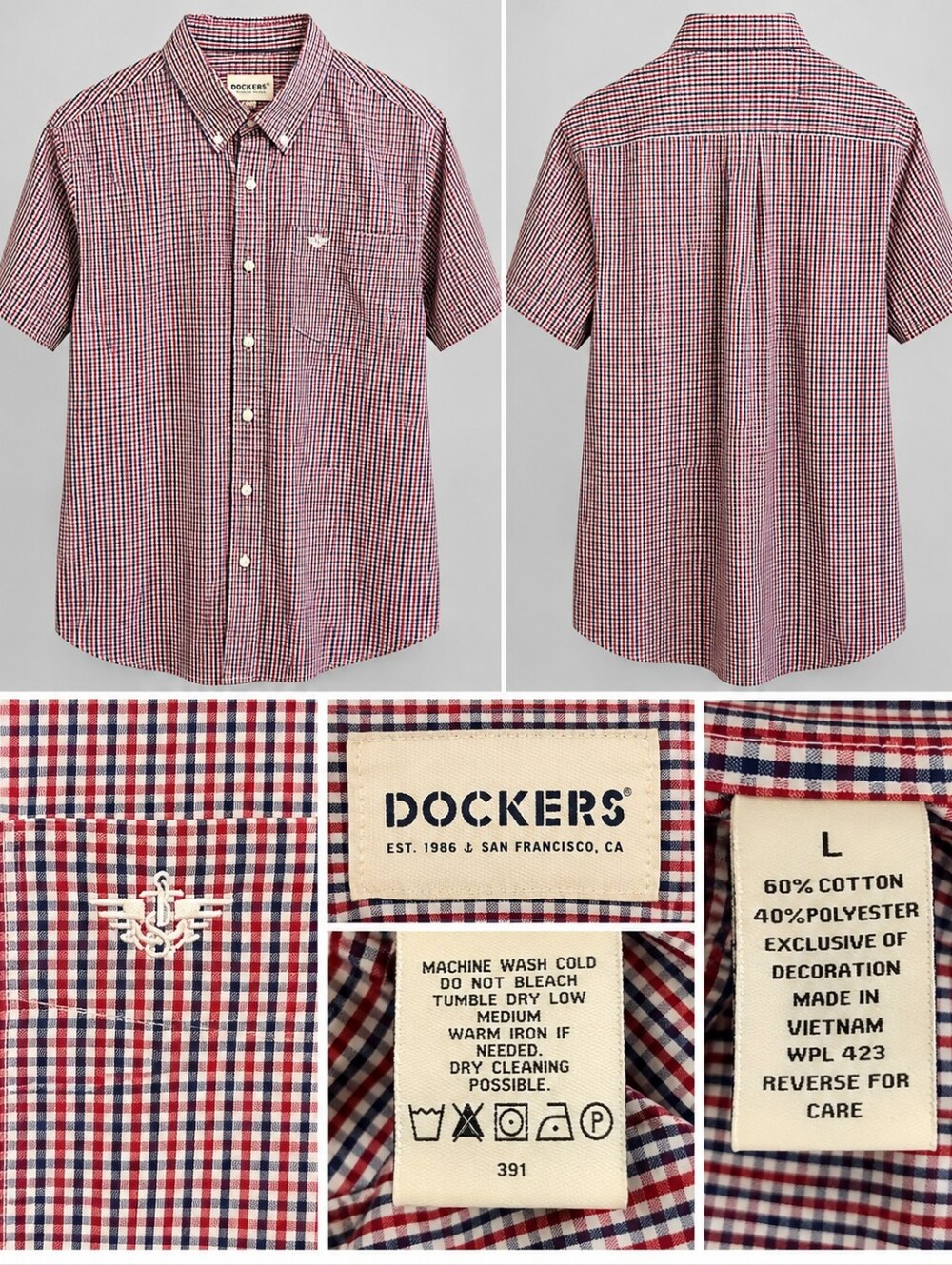 Dockers Men’s Short-Sleeve Button-Down Shirt in Red and Navy Gingham